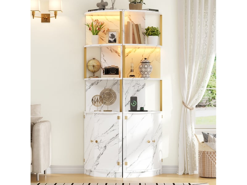  Meuble d'angle avec led et prises, 2 portes et étagères ouvertes, en mdf blanc pour cuisine et salon 38 × 38 × 180 cm  - Conforama D