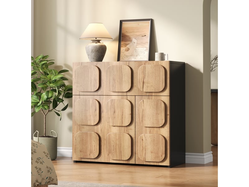  Buffet vintage à façade modulaire avec 4 grands compartiments, meuble de rangement pour salon, salle à manger ou entrée, en bois et mdf, bois et noir OPULERANE TRADING LTD - Conforama B