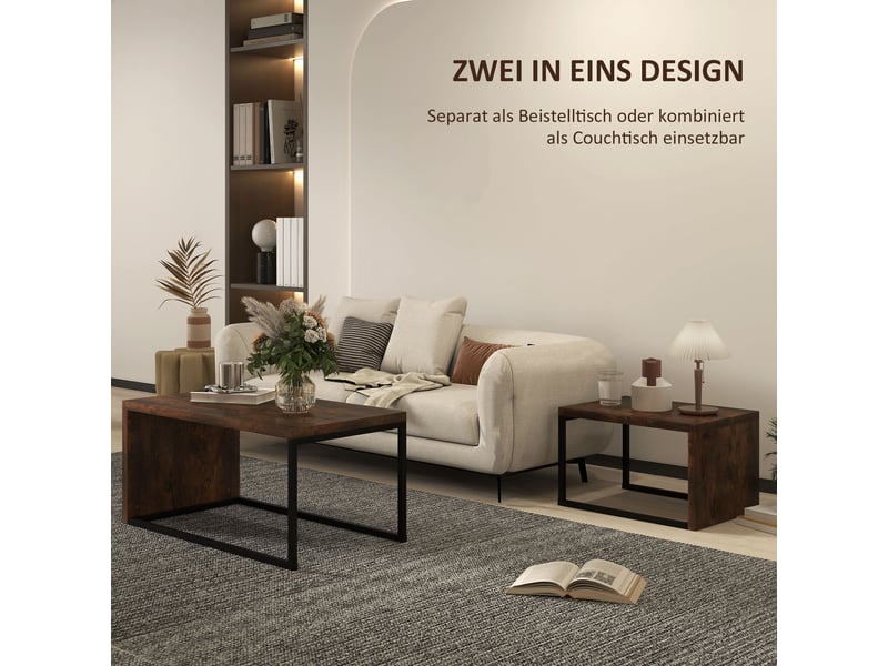  Tables basses gigognes avec 2 plateaux en mdf, pieds en métal noir, pour salon et chambre, marron rustique  - Conforama E
