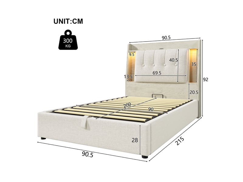  Lit rembourré beige 90x200 cm avec rangement, usb-c et led  - Conforama C