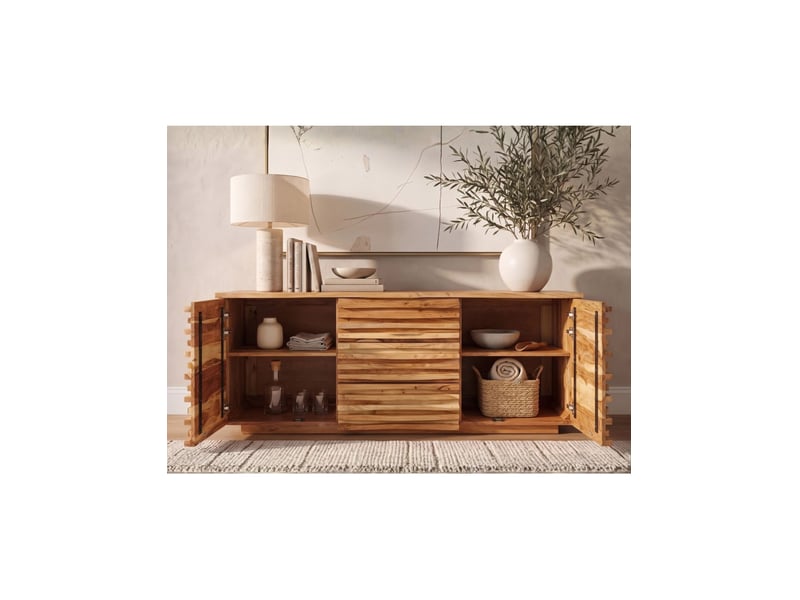 Buffet savana 160 cm en bois massif d'acacia verni – 2 portes, 3 tiroirs et façades sculptées - Conforama E