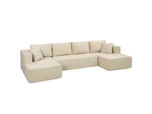 Canapé modulaire en u compressé 337 cm, canapé convertible 4 places en velours côtelé, crème, assise large