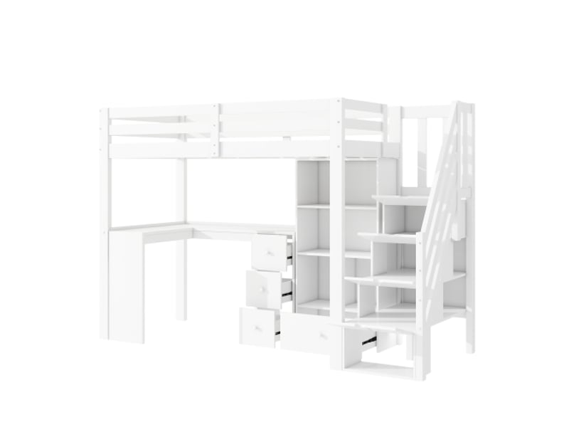  Lit enfant 90x200 cm, avec tiroirs et bureau intégré, en bois, blanc, sans matelas  - Conforama E