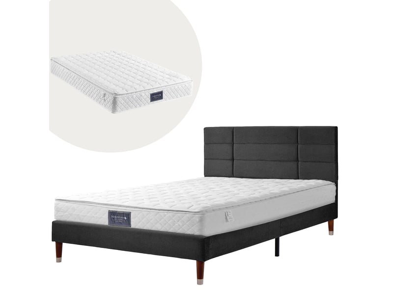  Lit adulte 140x200 cm, lit double avec tête de lit et sommier, lin noir, inclus matelas  - Conforama A