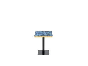 Table de salle à manger carrée pour 2 à 4 personnes, plateau aspect marbre, piètement métal bleu, 60 × 60 × 74 cm