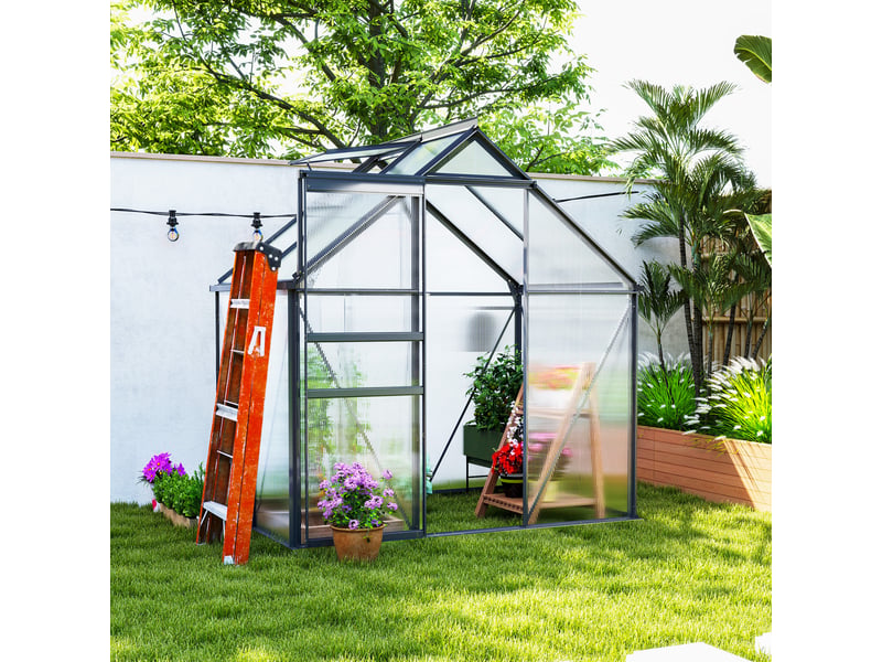  Serre en polycarbonate et aluminium avec porte à charnières et fenêtre de toit, 192,5 x 131 x 200 cm, grise  - Conforama D