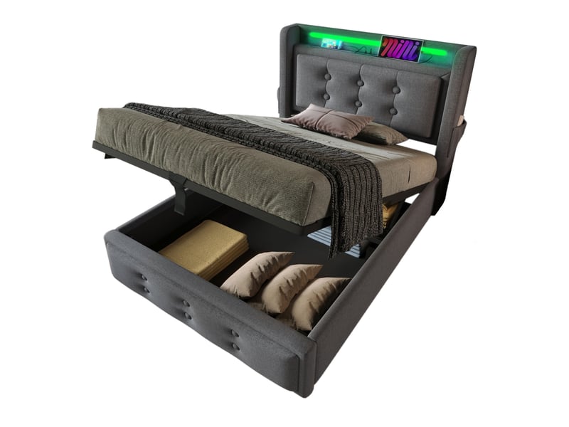  Lit coffre 90 × 200 cm 1 place avec led, usb et type-c, rangement, matelas inclus, tissu gris  - Conforama A