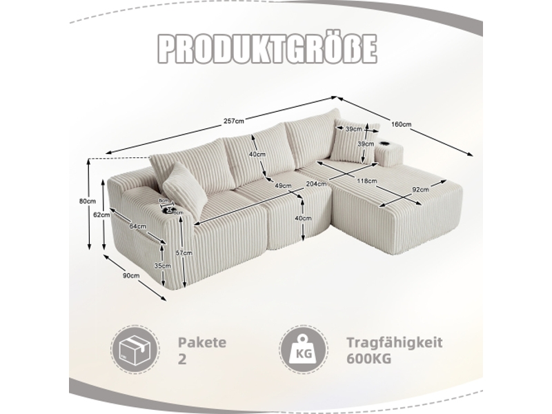  Canapé modulaire 3 places avec chaise longue - velours côtelé doux, 5 coussins, mousse haute densité - salon  - Conforama C