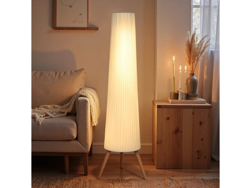  Lampadaire trépied blanc à luminosité réglable, 3 niveaux d'éclairage pour salon et chambre  - Conforama A