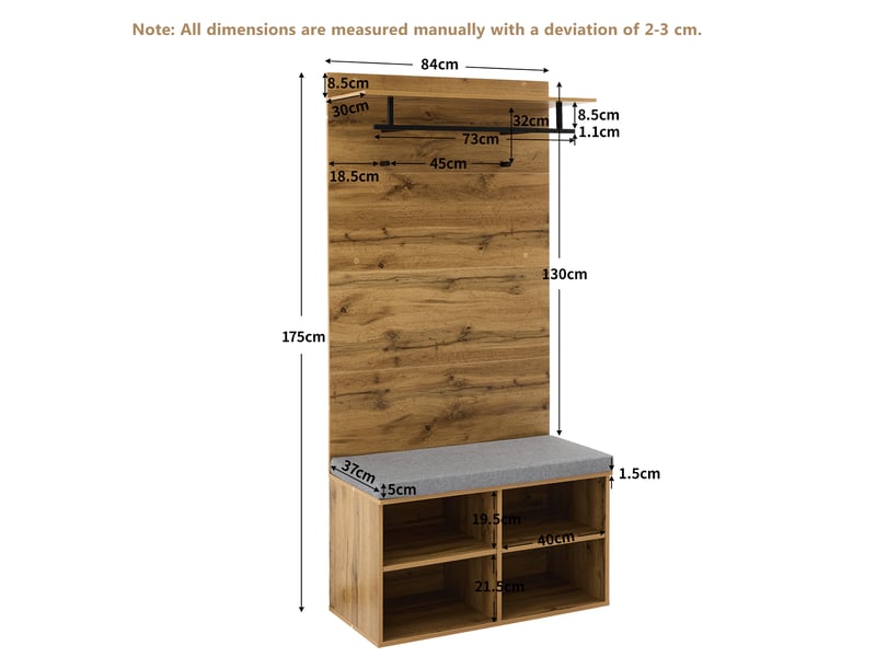  Meuble d'entrée avec banc à chaussures rembourré, penderie, étagères réglables et 2 patères, effet chêne, 84 × 35 × 175 cm  - Conforama D