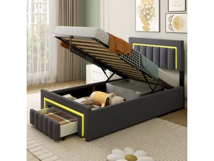 Lit simple enfant 90 x 200 cm, éclairage led et coffre de rangement, rembourré avec tiroirs et roulettes, gris, sans matelas