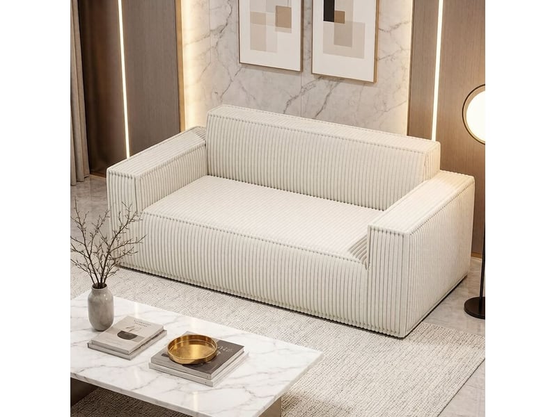  Canapé 2 places 178x86x70 cm blanc cassé en velours côtelé, assise profonde sans pieds pour salon  - Conforama B