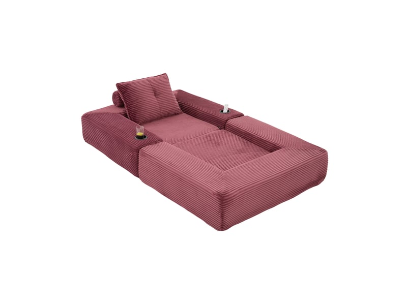 Canapé convertible 1 place avec porte-gobelets, poches et accoudoirs amovibles en velours côtelé rouge lie-de-vin - Conforama A