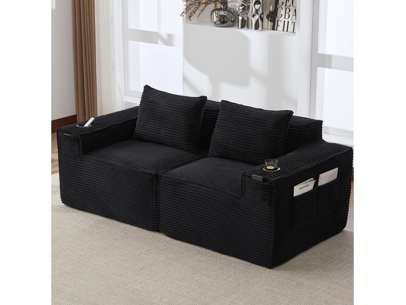 Canapé 2 places modulaire 188x90x75 cm avec porte-gobelets et poches latérales, velours côtelé noir - Conforama B