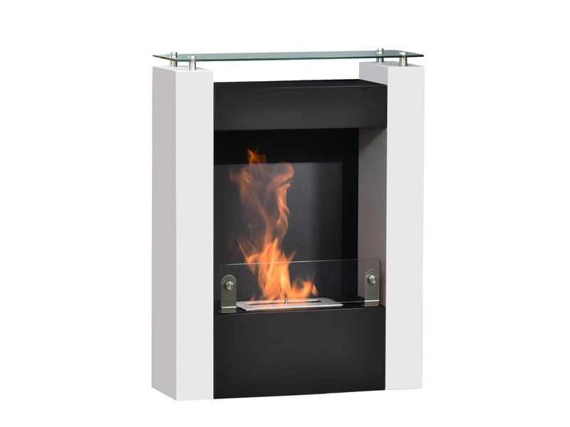  Cheminée bioéthanol brûleur 0,9 l avec plateau de rangement en verre trempé 60 x 20 x 79 cm acier noir et blanc  - Conforama A