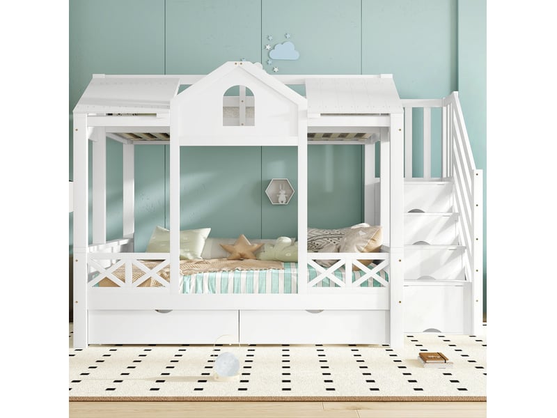  Lit superposé enfant 90x200 et 140x200 cm avec tiroirs, escalier et toit blanc  - Conforama D