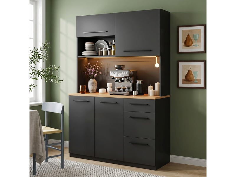 Buffet haut 120x40x180cm noir avec étagères prises usb et bande lumineuse pour salle à manger - Conforama E