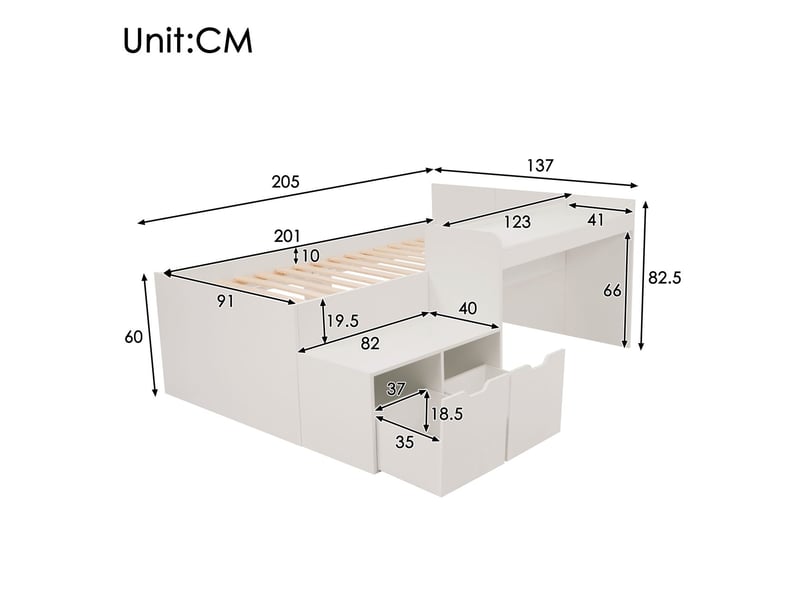  Lit combine enfant90 x 200cm - avec bureau et tiroirs - lit une place - grande capacité de rangement - avec structure à lattes  - Conforama C