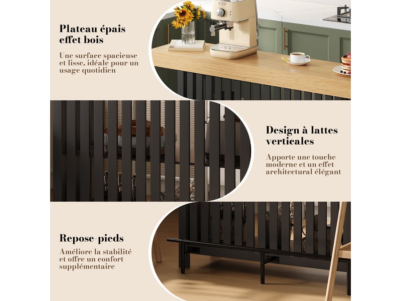  Table de bar avec étagères 160 x 40 x 105 cm – noir – repose-pieds renforcé et rangement ouvert  - Conforama E