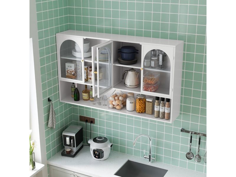  Armoire murale suspendue 120cm blanc en fer et verre à 4 portes avec vitrine  - Conforama D
