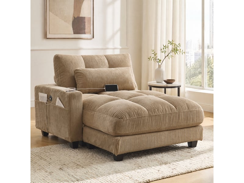  Fauteuil relax 1 place en velours côtelé kaki avec usb, rangements et porte-gobelets pour vos moments de détente  - Conforama B