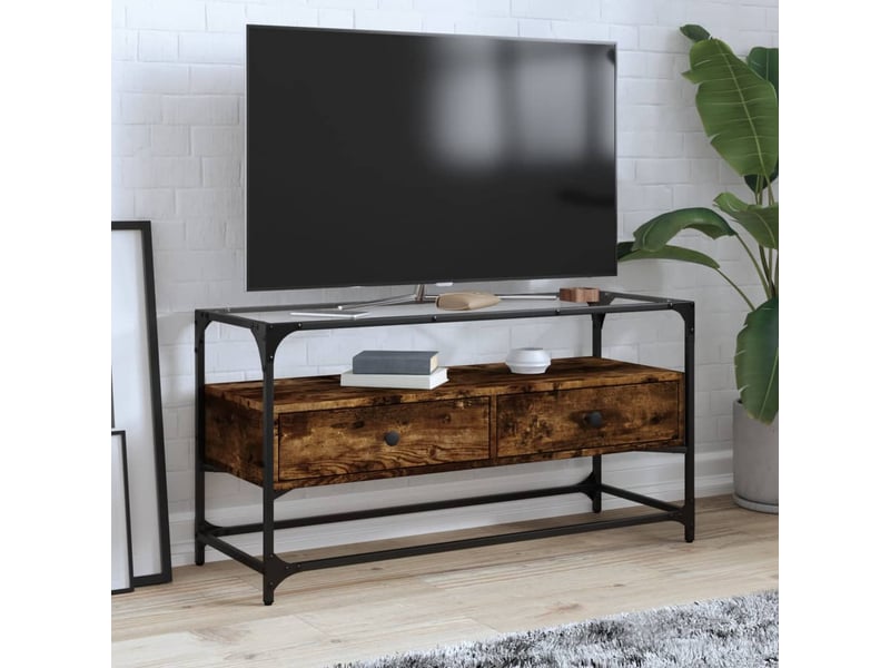  Meuble tv - banc tv - meuble de rangement avec dessus en verre chêne fumé bois d'ingénierie  - Conforama B