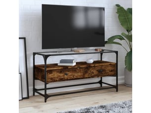 Meuble tv - banc tv - meuble de rangement avec dessus en verre chêne fumé bois d'ingénierie