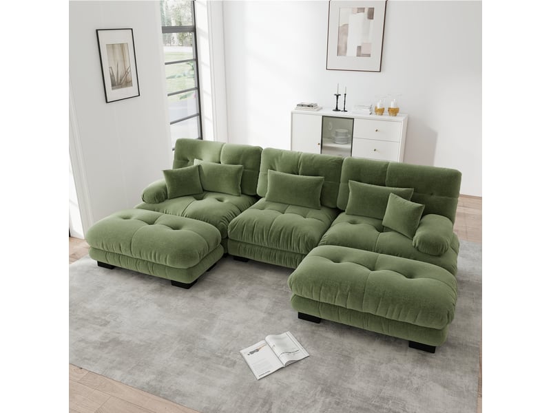  Canapé panoramique en u modulable avec assise profonde et ottoman, en chenille vert pour salon  - Conforama B