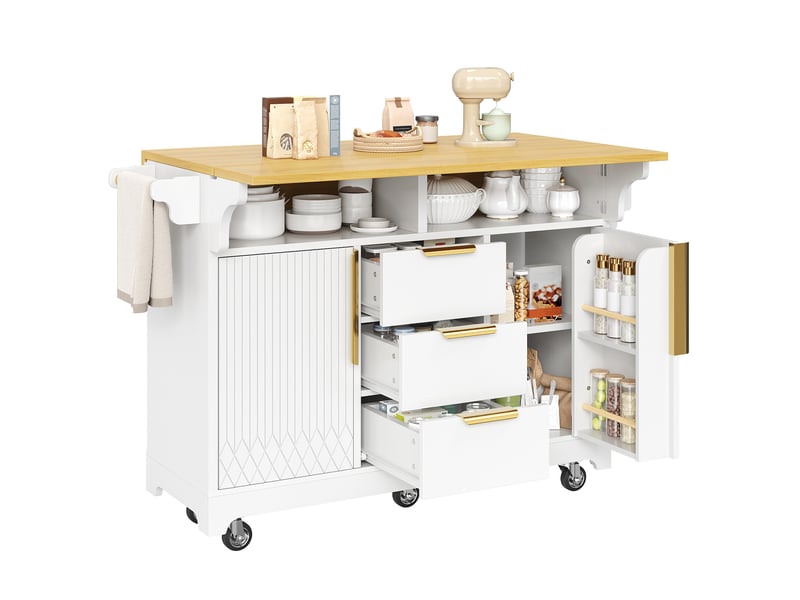 Îlot central de cuisine 120 x 4080 x 95 cm avec plateau extensible, 3 tiroirs et 2 portes, étagères et roulettes, blanc - Conforama A