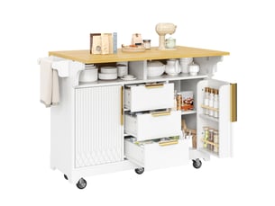 Îlot central de cuisine 120 x 4080 x 95 cm avec plateau extensible, 3 tiroirs et 2 portes, étagères et roulettes, blanc