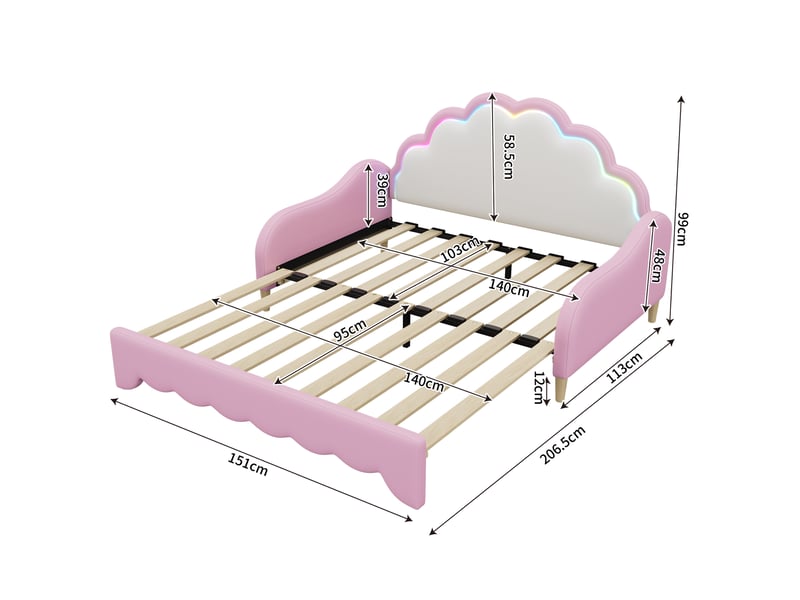  Canapé lit 140x200 rose capitonné en pu - lit double avec led contrôlable par app  - Conforama C