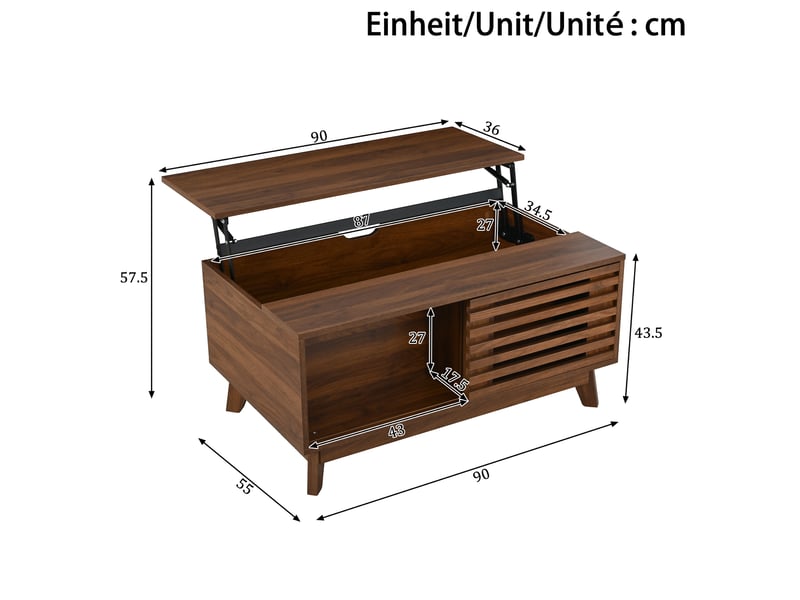  Table basse 90x55x57,5 cm avec plateau relevable, porte coulissante, table de salon, rangements, mdf, couleur noyer  - Conforama C