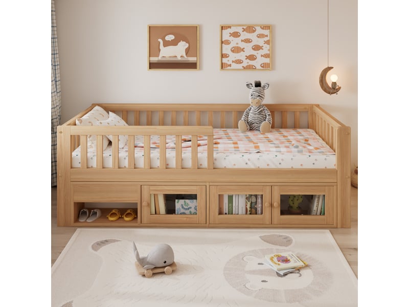  Lit enfant 90x200 capitonné beige - tête de lit en pu design vague cadre en bois massif  - Conforama C