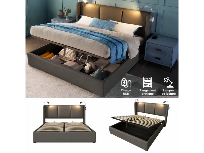  Lit double 160x200 cm avec coffre de rangement, pu gris, lampe et recharge usb  - Conforama E
