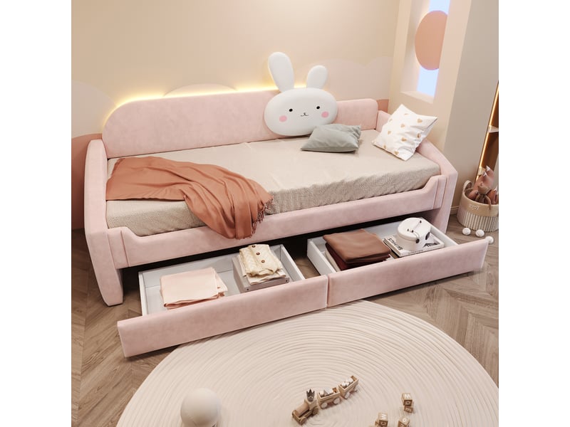  Canapé-lit 90x200 cm, lit enfant, couchage d'appoint, rangement, led, velours rose  - Conforama D