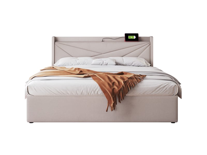  Modenvie lit coffre 180x200 cm - avec rangement intégré, ports usb et usb-c - sans matelas - beige  - Conforama A