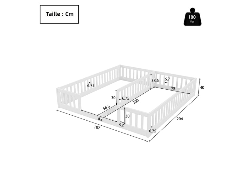  Lit enfant 90x200 cm avec barrières de sécurité en bois de pin - lit de transition sans sommier ni matelas - blanc Morn Vibe - Conforama C