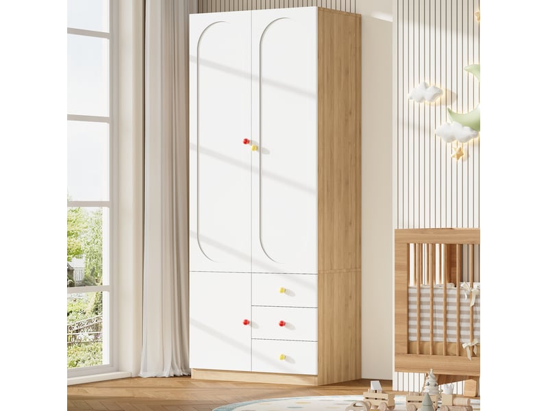  Armoire enfant 2 portes avec penderie et 3 tiroirs, blanc laqué, poignées en céramique colorées  - Conforama D
