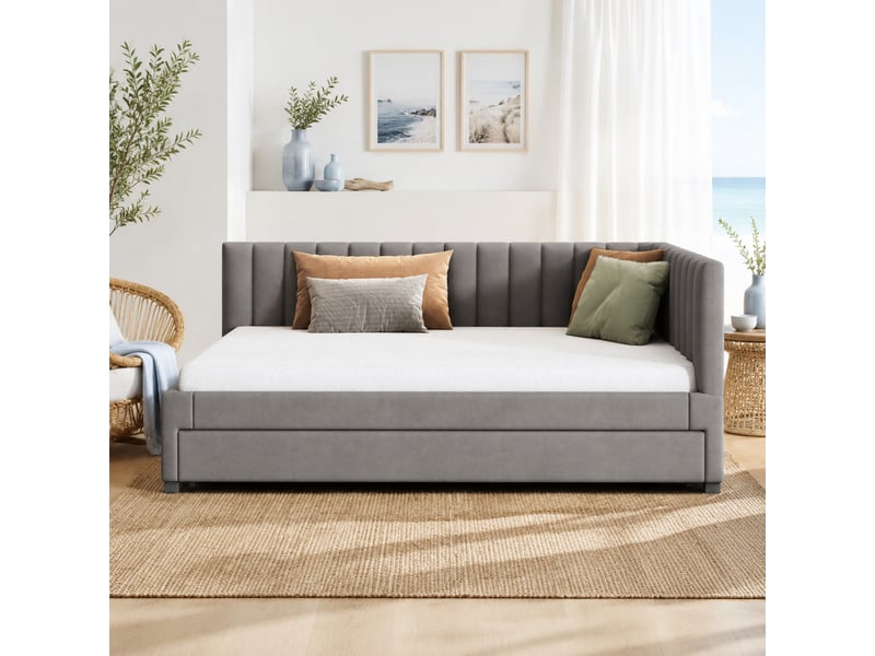  Lit banquette avec couchage gigogne 200×140 cm et 190×90 cm, sommiers à lattes, sans matelas, en velours gris  - Conforama B