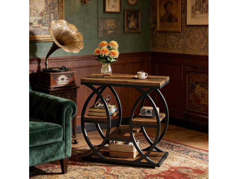  Table basse avec étagères superposées et rangements ouverts, structure métal et bois, marron, pour salon et entrée  - Conforama D