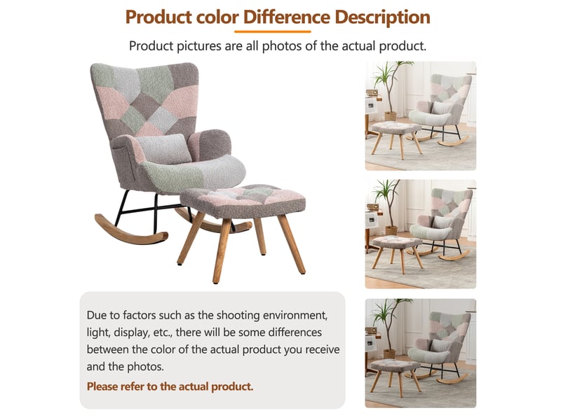  Fauteuil à bascule avec repose-pieds, coussin lombaire et poche latérale, en velours multicolore  - Conforama E