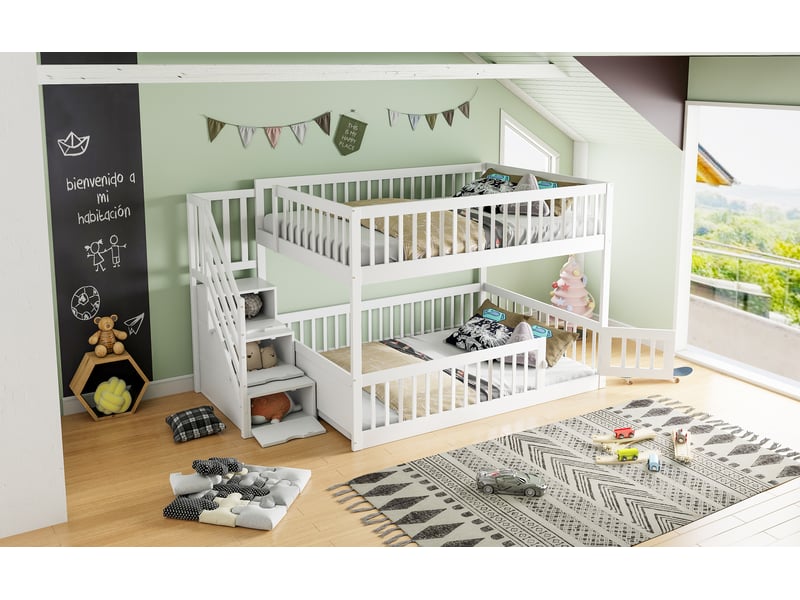  Lit superposé blanc 140x200 cm – échelle de sécurité et tiroirs intégrés, rangement pratique  - Conforama E