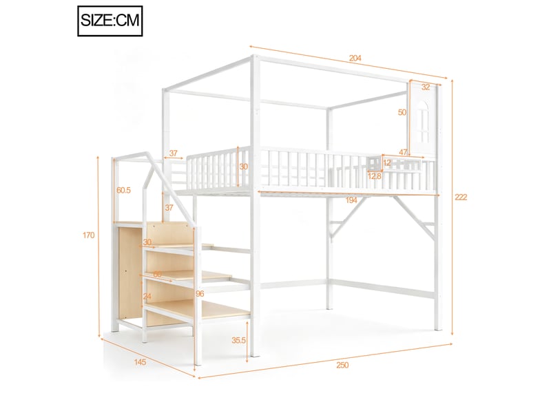  Lit mezzanine 140 x 200 cm en métal, structure toit, échelle avec rangement et penderie, espace inférieur polyvalent evarich - Conforama C