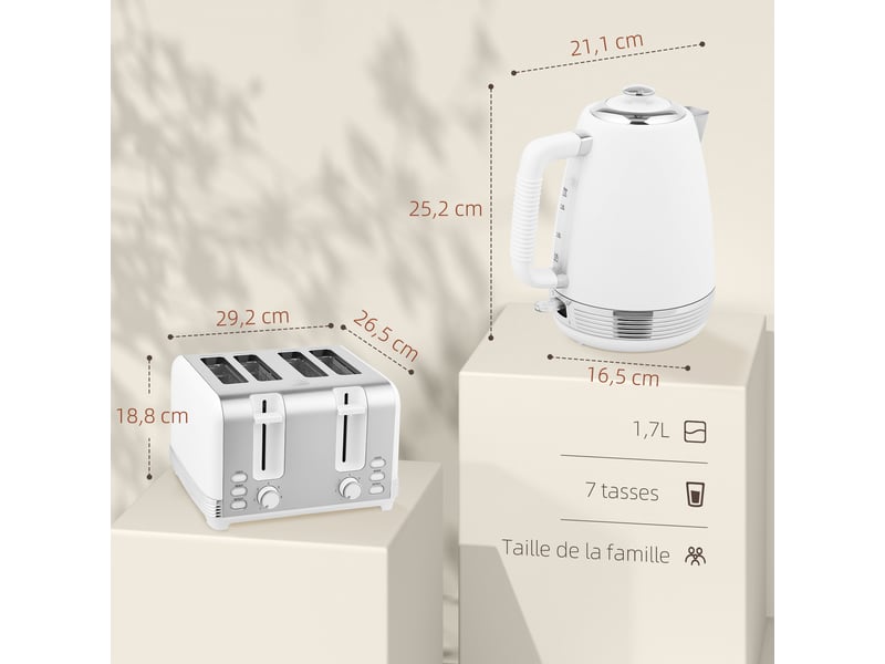 Ensemble bouilloire et grille-pain, blanc, bouilloire en acier inoxydable 1,7 l et 2200 w et grille-pain à 4 tranches  - Conforama C