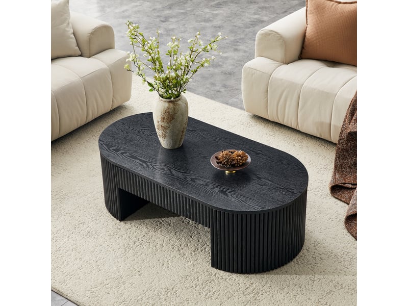  Table basse ovale 105x54x38 cm - table de salon avec tiroir de rangement et habillage cannelé – mdf - noir  - Conforama E
