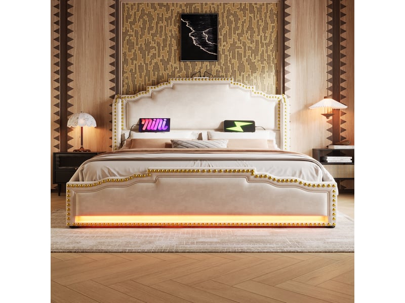  Lit double 180×200 cm avec 4 tiroirs, led réglable et ports usb et type-c - okmyhome- velours beige, sans matelas  - Conforama C