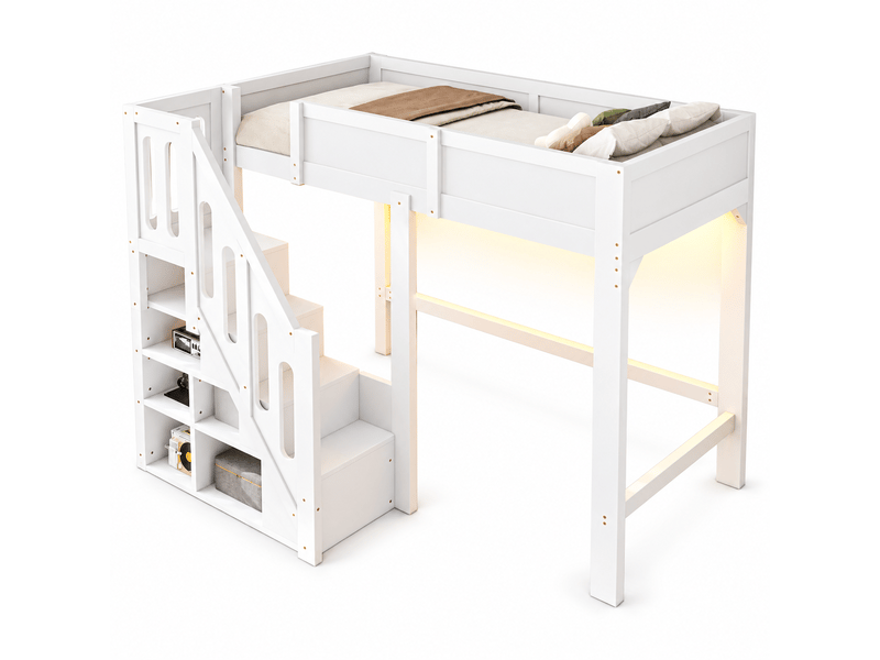 Lit mezzanine enfant 90x200 cm, escalier avec 6 niches de rangement, led, sommier à lattes et barrières, pin et mdf, blanc OMNIGLINT TRADING LTD - Conforama A