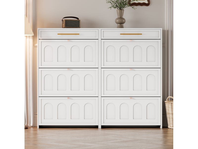 Meuble à chaussures entrée 140x25x123,5 cm, 2 tiroirs et 12 compartiments réglables, gain de place, 36 paires, en panneau mdf, coloris blanc - Conforama B