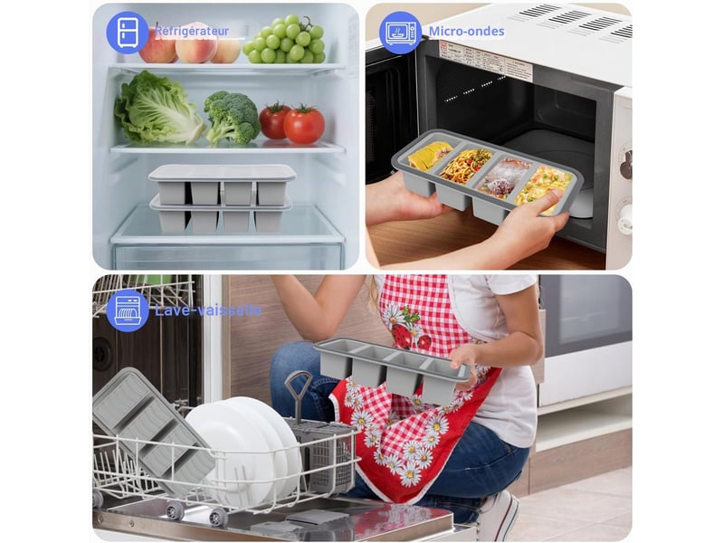  Moule à soupe en silicone avec couvercle, boîte à lunch compartimentée, 4 compartiments, 1000 ml, ensemble de 2 pièces, gris ZYS01848LHY - Conforama E