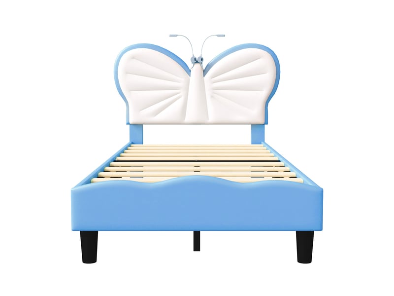  Lit 90x200 cm - lit enfant 90x200 - lit simple rembourré papillon en velours avec lampes de led, hauteur réglable - bleu  - Conforama A